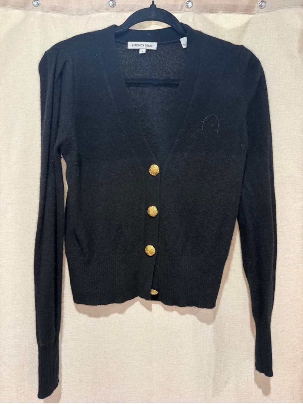 $498 Veronica Beard Solene black luxe Cashmere Cardigan gold embossed buttons